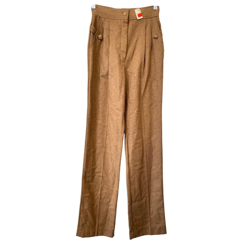 Vintage 70s Sweet Apple High Waist Trousers Size 7 Pants Pleated Brown Wool NEW